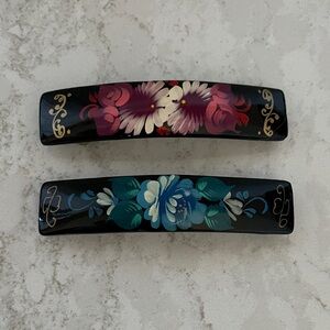 Elegant Floral Hair Clips  from Russia - Black with Pink and Blue Designs